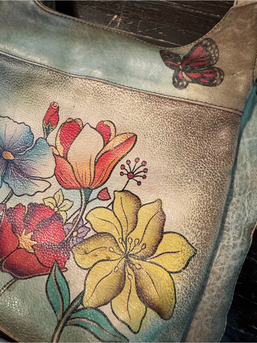 Aunschak Floral Painted Leather Shoulder Bag - Multicolor - Picture 9 of 14